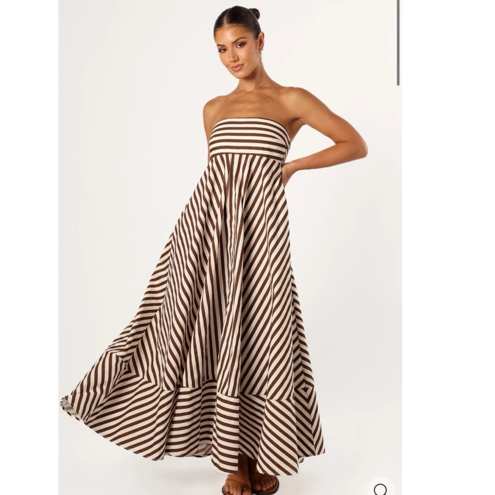 Petal & Pup Brown and White Striped Strapless Maxi Dress
